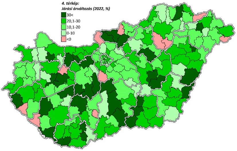 A vármegyeszékhelyek ársorrendjének szokásos négyes élbolya 2022-ben szétszakadt és így alakult: Veszprém (646 ezer Ft/m2), Debrecen (630 ezer Ft/m2), Győr (620 ezer Ft/m2) és Székesfehérvár (595 ezer Ft/m2).