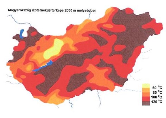 Magyarország izotermikus térképe 2000 m mélységben