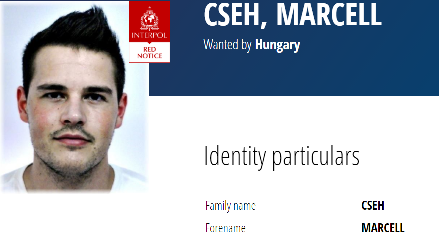 Cseh Marcell bűnöző az interpol körözési lista adatlapján