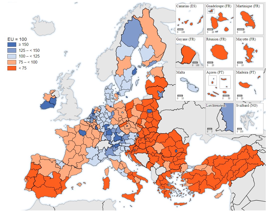 Az uniós régiókban az egy főre eső GDP az uniós átlaghoz viszonyítva PPS-ben