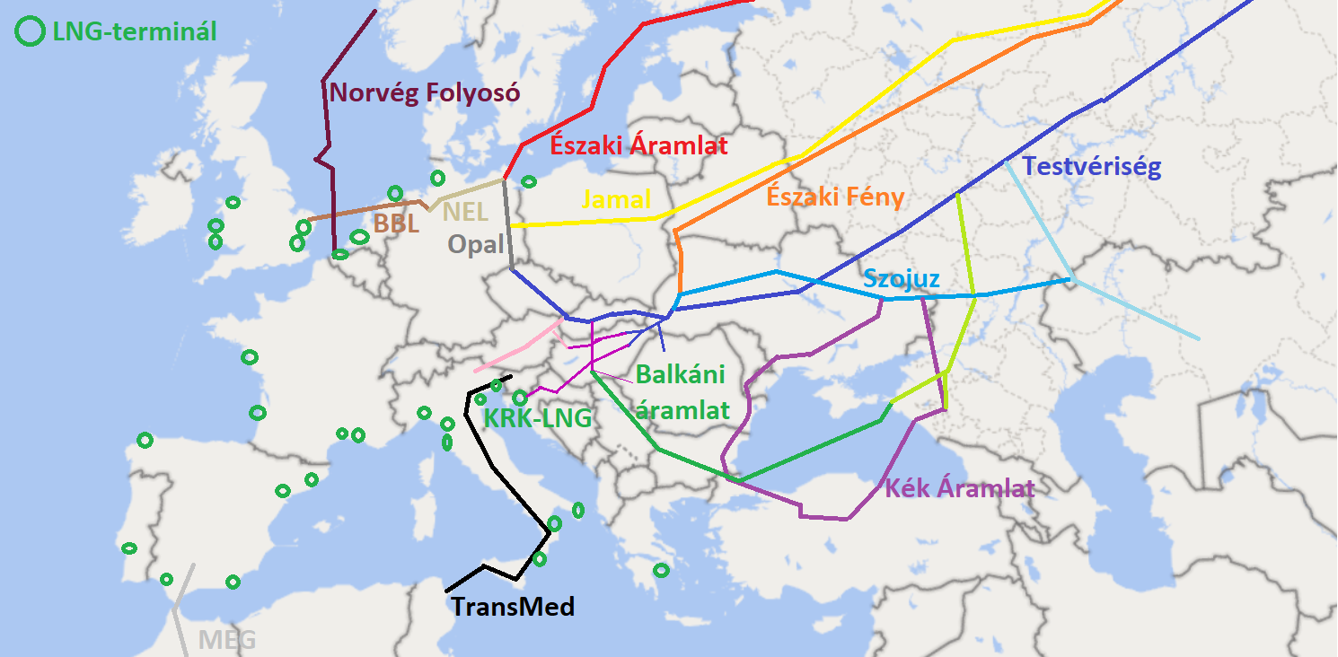 A gázvezetékeket mutató alábbi térképen a Jamal vezeték sárgával van jelölve.