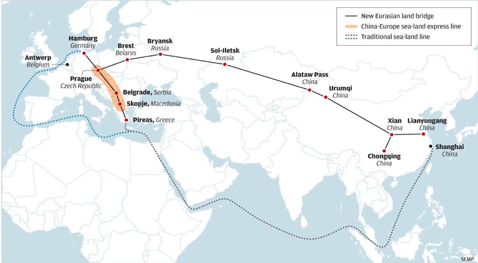 Mivel a tengeri áruszállítás az elmúlt években akadozott, Kína az európai szállítmányozás jelentős hányadát a szárazföldre, vasúti útvonalakra terelte.