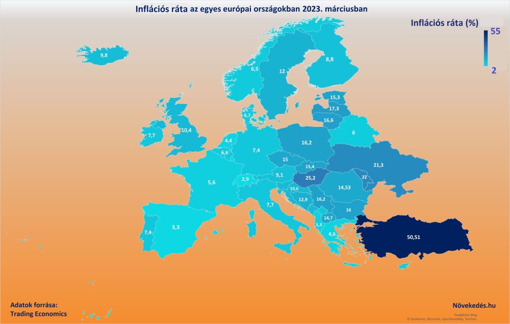 Inflációs ráta az egyes európai országokban 2023. márciusban
