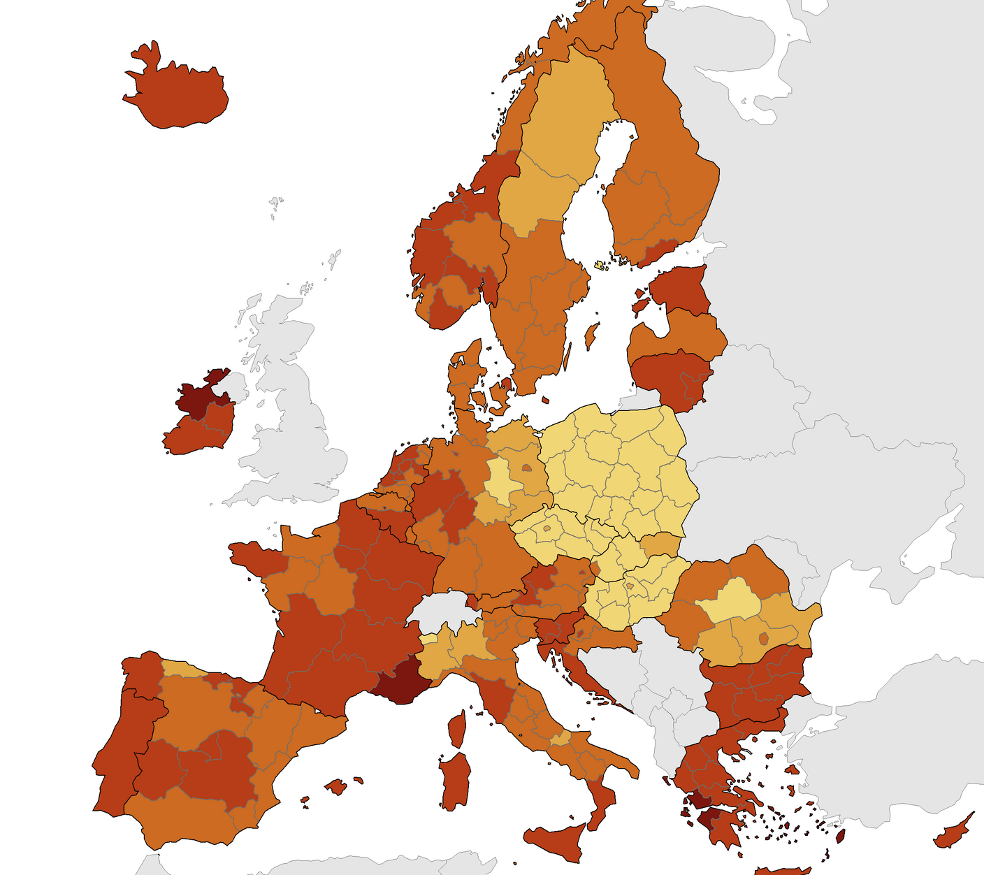 z Európai Betegségmegelőzési és Járványvédelmi Központ (ECDC) térképén a 100 ezer lakosra jutó új regisztrált fertőzések száma látható, 50-nél kevesebb a legvilágosabb színnel, az 500-nél több esetet a legsötétebb színnel jelölték. A térképen két hét új eseteinek átlaga látható.