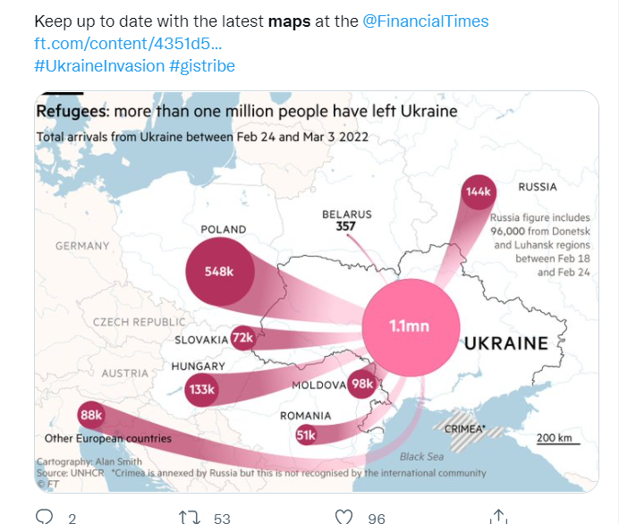 A térképen az Ukrajnából érkező menekültek eloszlása látható a szomszédos országok között