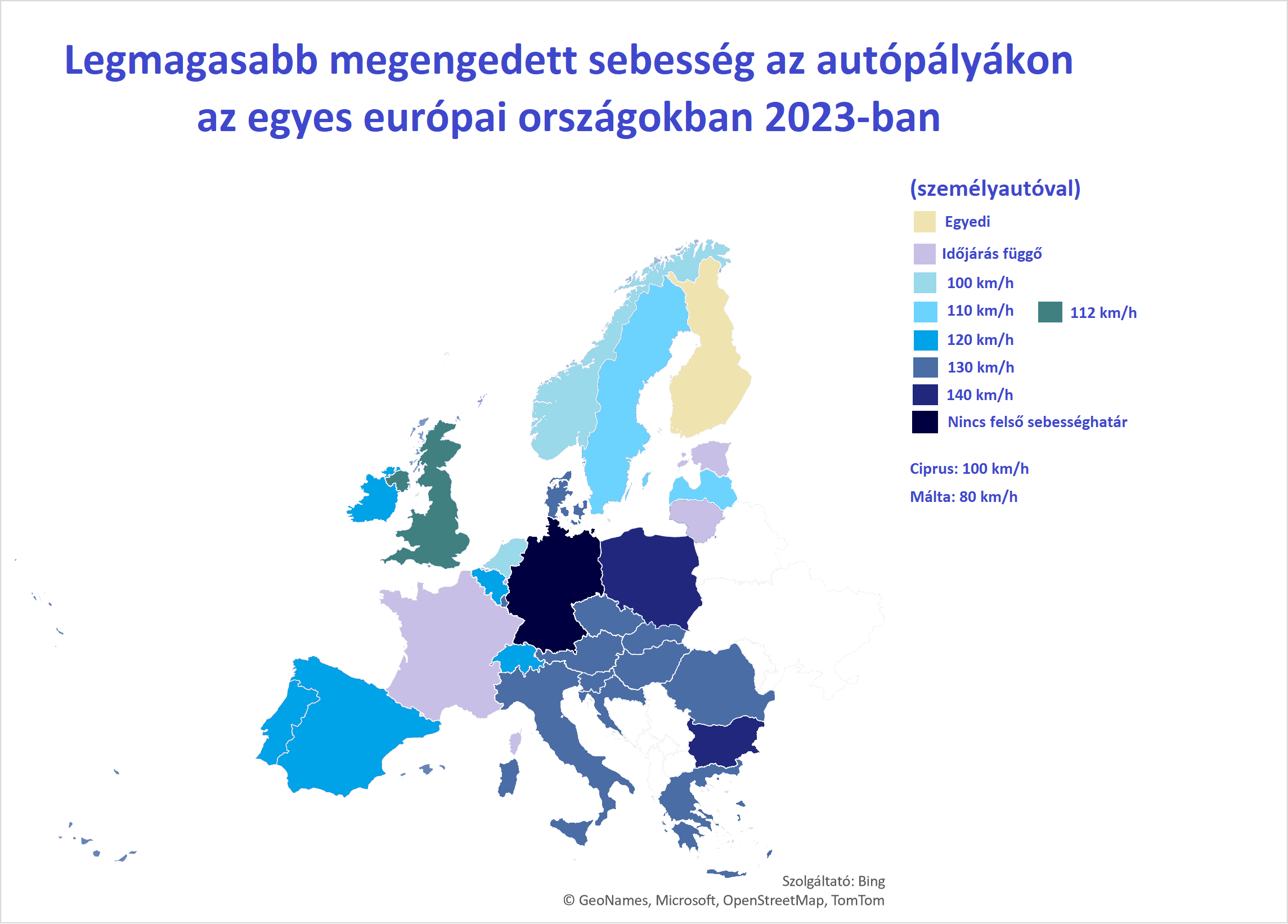 Legmagasabb megengedett sebesség az autópályákon az egyes európai országokban 2023-ban