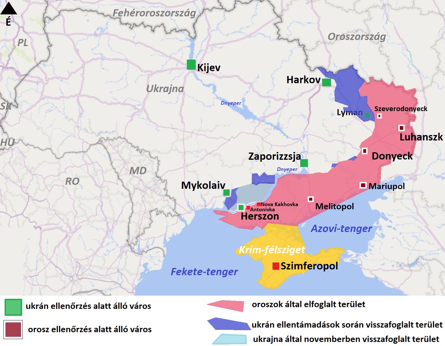 Térkép az ukrajnai háború 2022. november 11-i állásáról