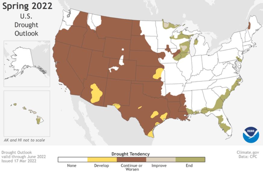 élelmiszerválság: Várhatóan extrém szárazsággal sújtott területek (barna szín), Egyesült Államok