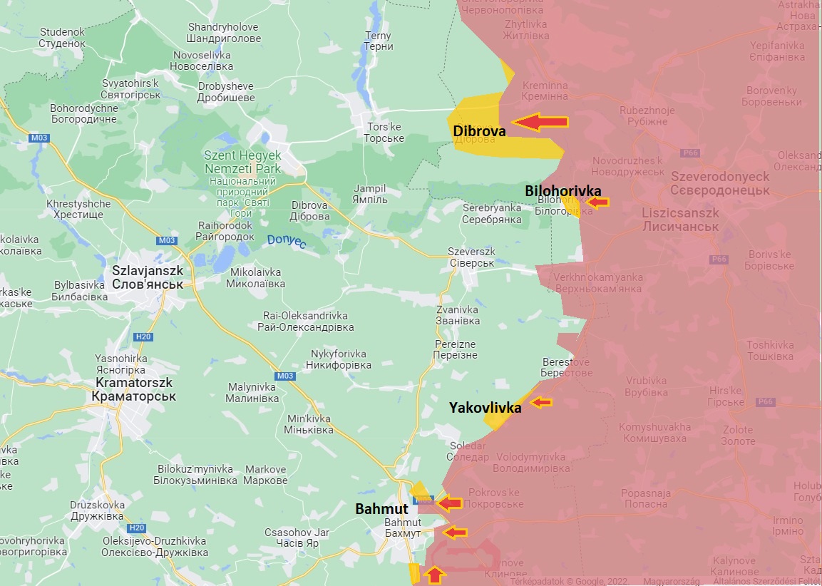 Így álltak a donbasszi harcok december 10-én. Piros szín jelöli az oroszok által korábban elfoglalt területeket, sárga az akkori friss területszerzéseket.