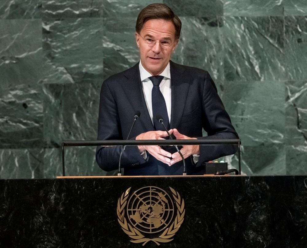 Mark Rutte holland miniszterelnök felszólal az ENSZ Közgyűlés 77. ülésszakának általános vitájában a világszervezet New York-i székházában 2022. szeptember 23-án. 