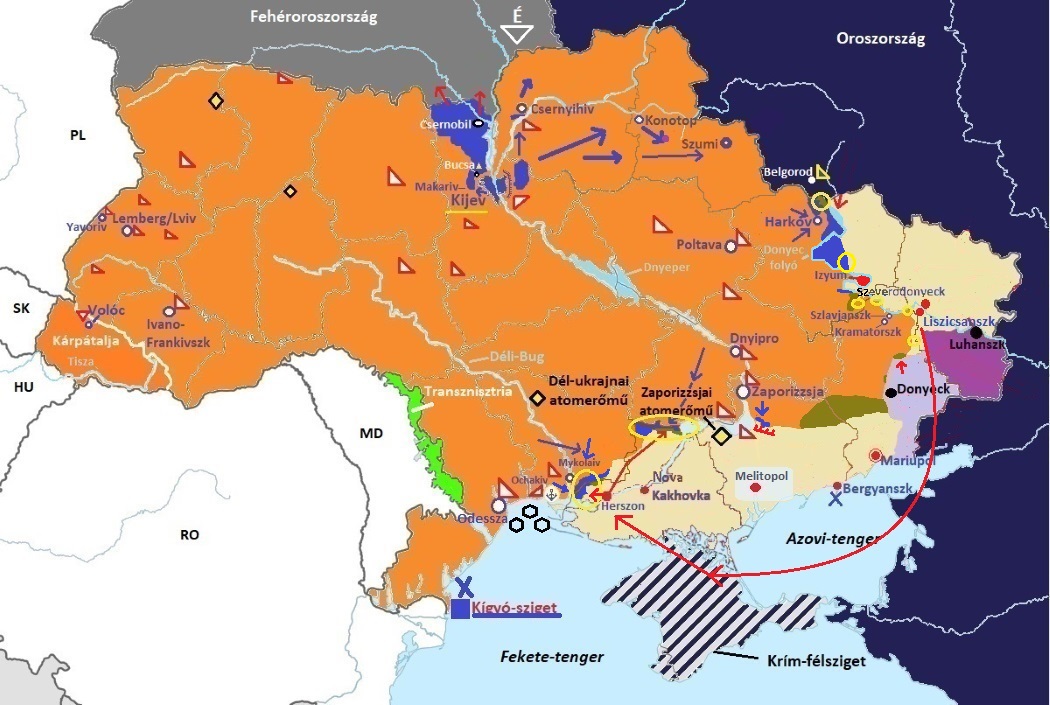 Térkép az ukrajnai háborúról, a hozzá tartozó jelmagyarázattal. Harkovnál jól látható az ukrán előretörés.