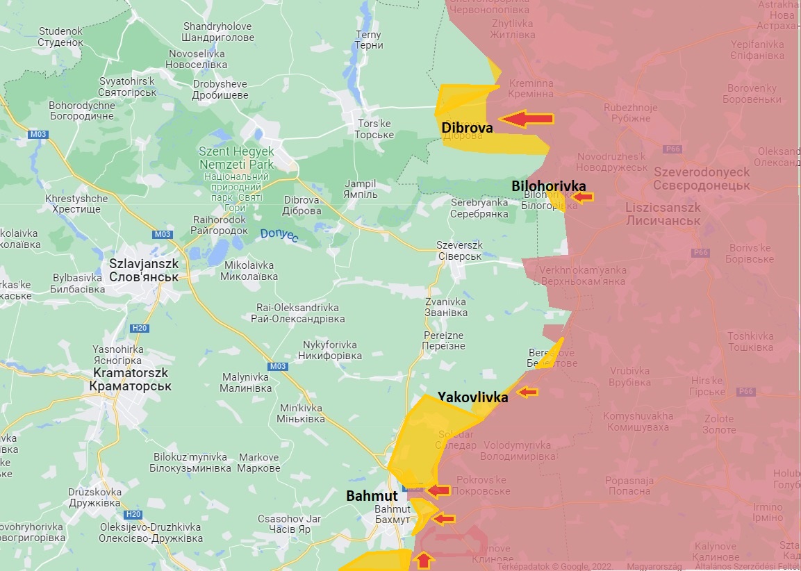 És így állnak most január végén a harcok. Piros szín jelöli az oroszok által korábban elfoglalt területeket, sárga az akkori friss területszerzéseket.