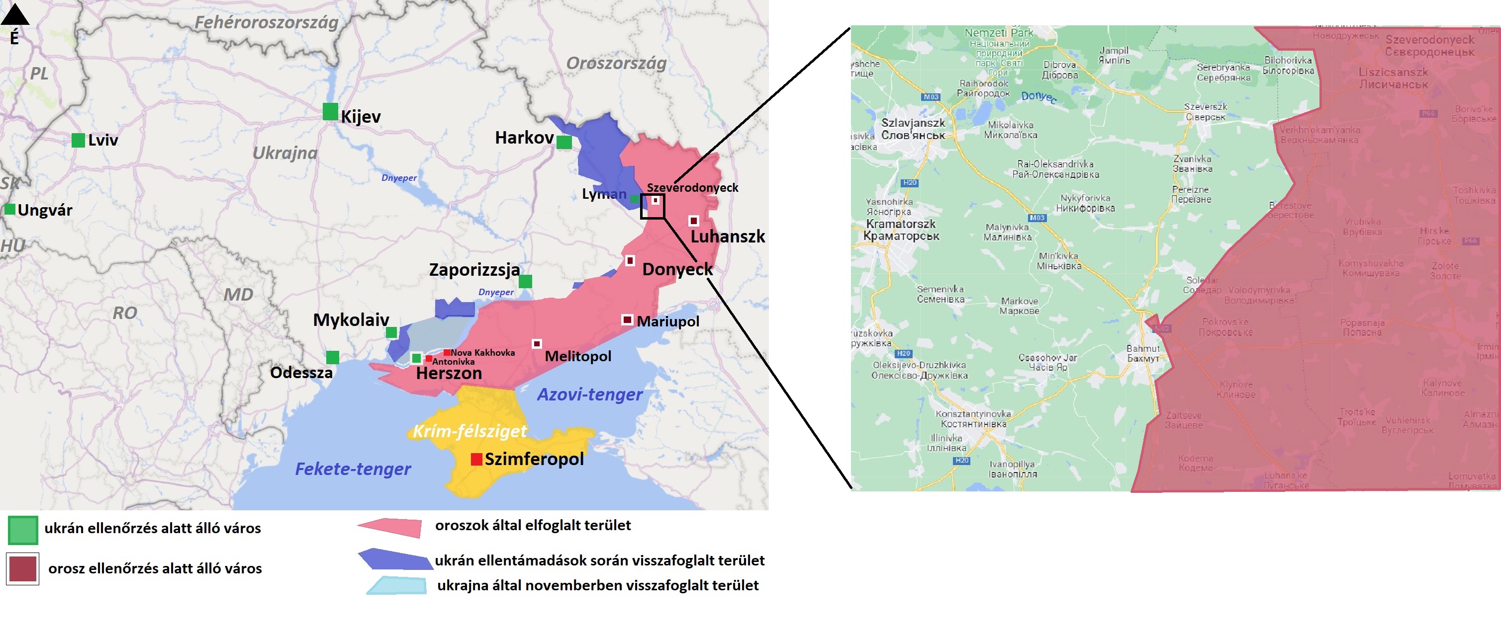 Térkép az ukrajnai háborúrél és Bahmut térségéről