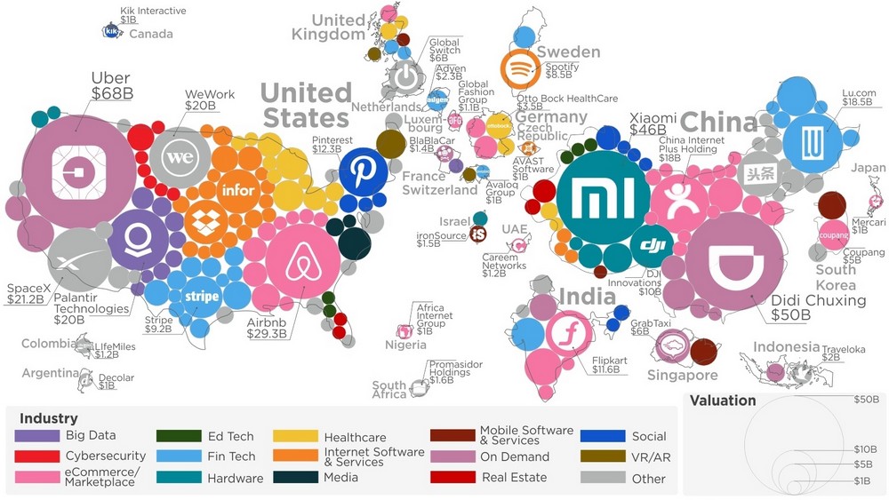 A világ 200+ unikornis cége, egy óriási térképen